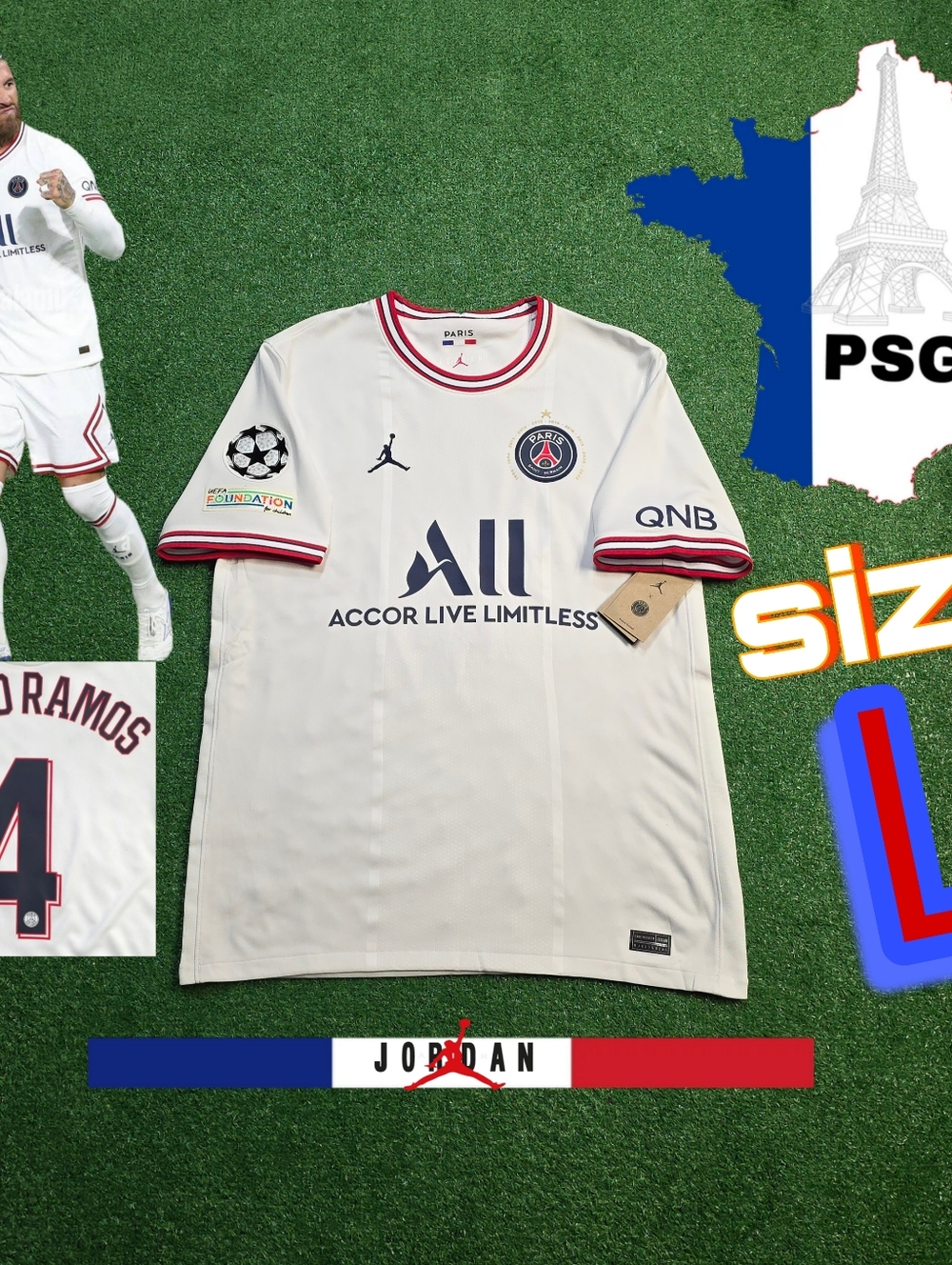 Jordan X PSG Sergio Ramos #4 2021/2022 White Fourth 4th Soccer Jersey New large
